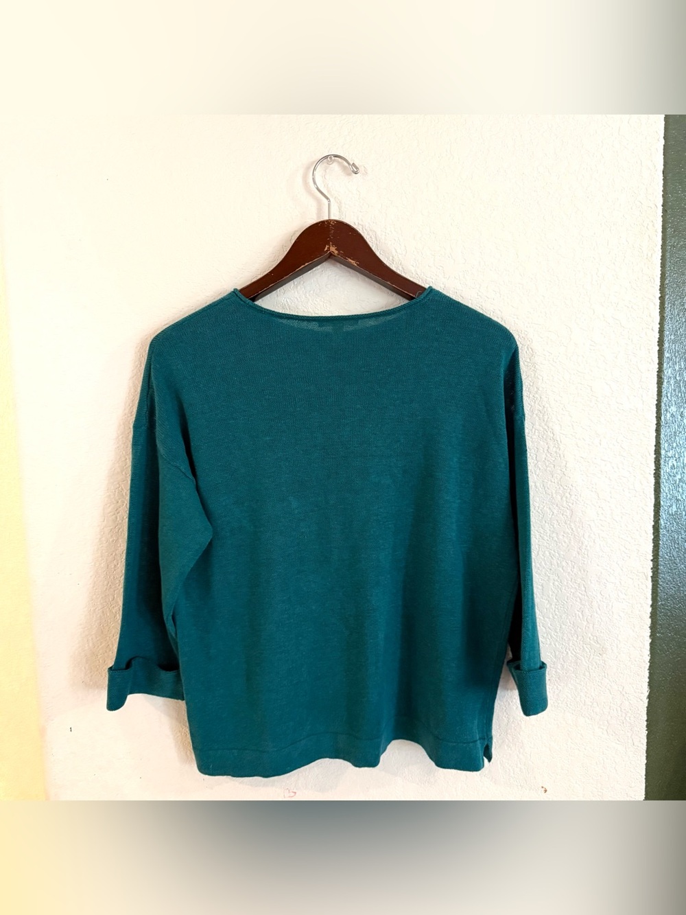 Eileen Fisher Womens Sweater Turquoise Pullover 3/4 Sleeve Cotton Size Small